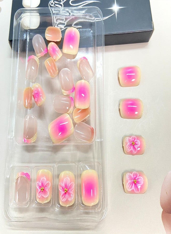 Vopintpy 3D Flower French Tip Press on Nails Blush Gradient Fake Nails Cute Short Square Acrylic Glue on Nail Glossy Full Cover Artificial Stick on Nail for Women DIY Manicure - Image 4